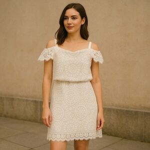 💙 Adrianna Papell Eyelet Lace Open Shoulder Cap Sleeve Lined Dress Size 6